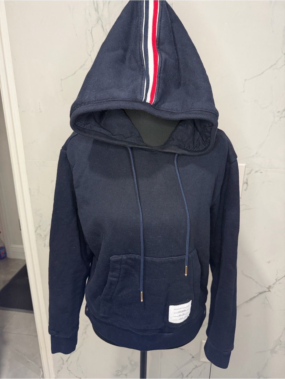 Thom Browne Navy Pullover Hoodie with Red & White Hood Stripe xs